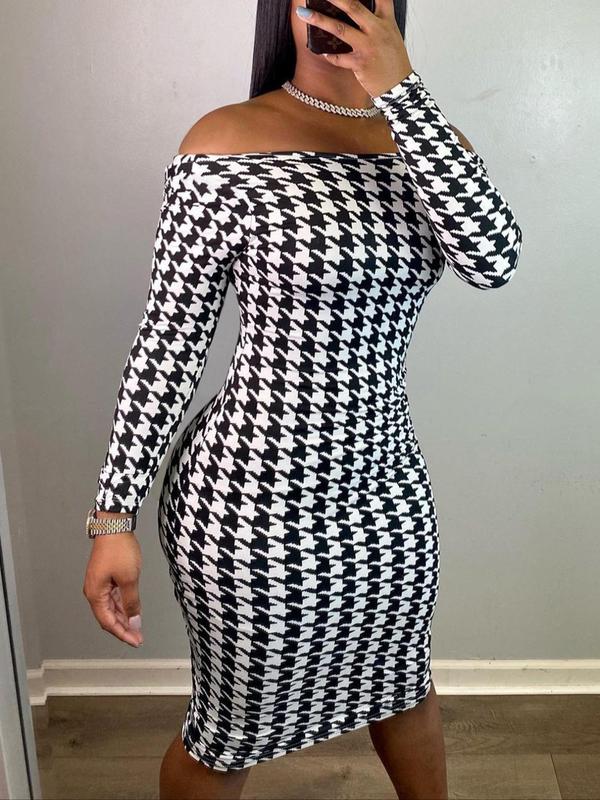 Women's Houndstooth Print Off Shoulder Bodycon Dress, Fashion Casual Tight Long Sleeve Midi Dress for Fall & Winter, Women's Clothing for Daily Wear