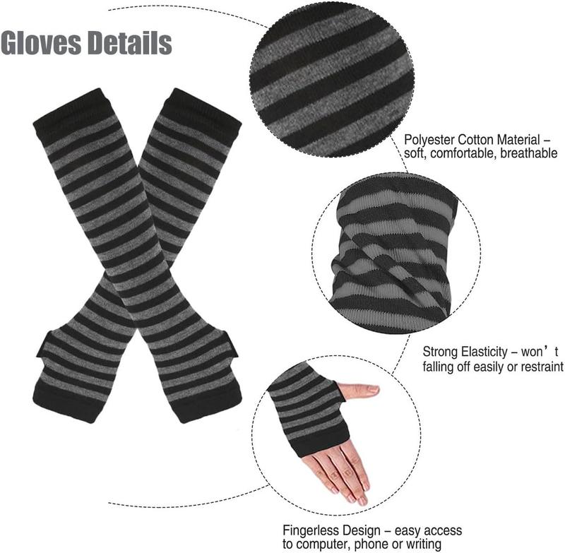 4 Pairs Womens Striped Arm Warmers Goth Y2K Knitted Fingerless Gloves with Long  High Socks Set