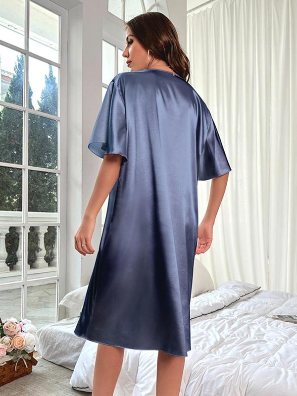 Women's Minimalist Butterfly Sleeve V Neck Soft Satin PJ Nightdress, Women's Summer Clothes, Lady Solid Color Comfortable Nighties Midi Dress for Sleepwear Homewear Nightwear, Gift for Lover