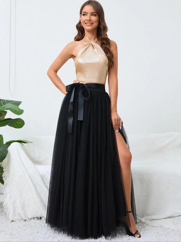 Plus Size Solid Belted Split Thigh Tulle Skirt, Elegant High Waist Maxi Skirt For Party Holiday Wedding Guest, Women's Bottoms For All Seasons