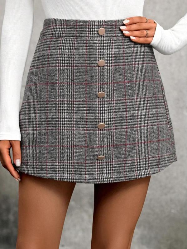 Women's Plaid Print 2 in 1 Button Front Skirt, Casual High Waist A Line Skirt for Fall & Winter, Women's Clothing for Daily Wear