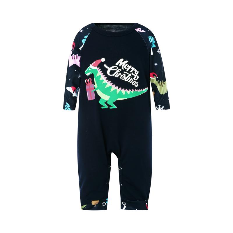 Black Matching Christmas Pajamas For Family, Dinosaur Letter Printing Long Sleeve Round Collar Sleepwear Jumpsuit for Adult Baby Kid Dog