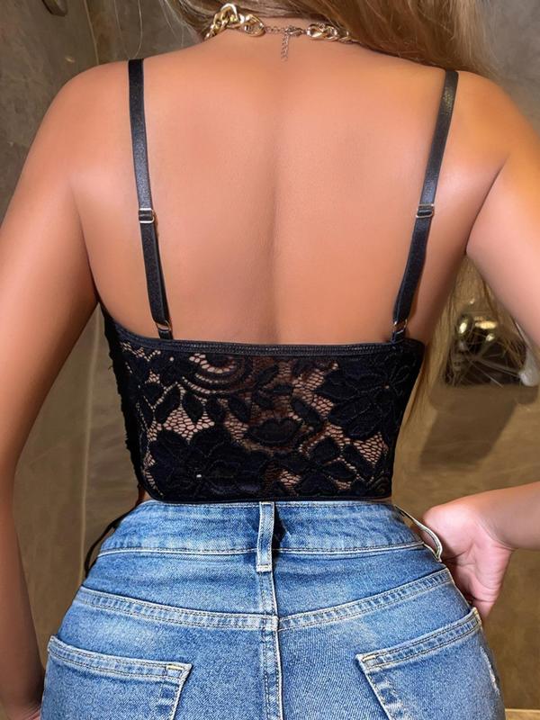 Women's Backless Sheer Lace Vintage Crop Cami Top, Elegant Adjustable Strap Deep V Neck Crop Top, Summer Clothes Women for Daily Vacation Party