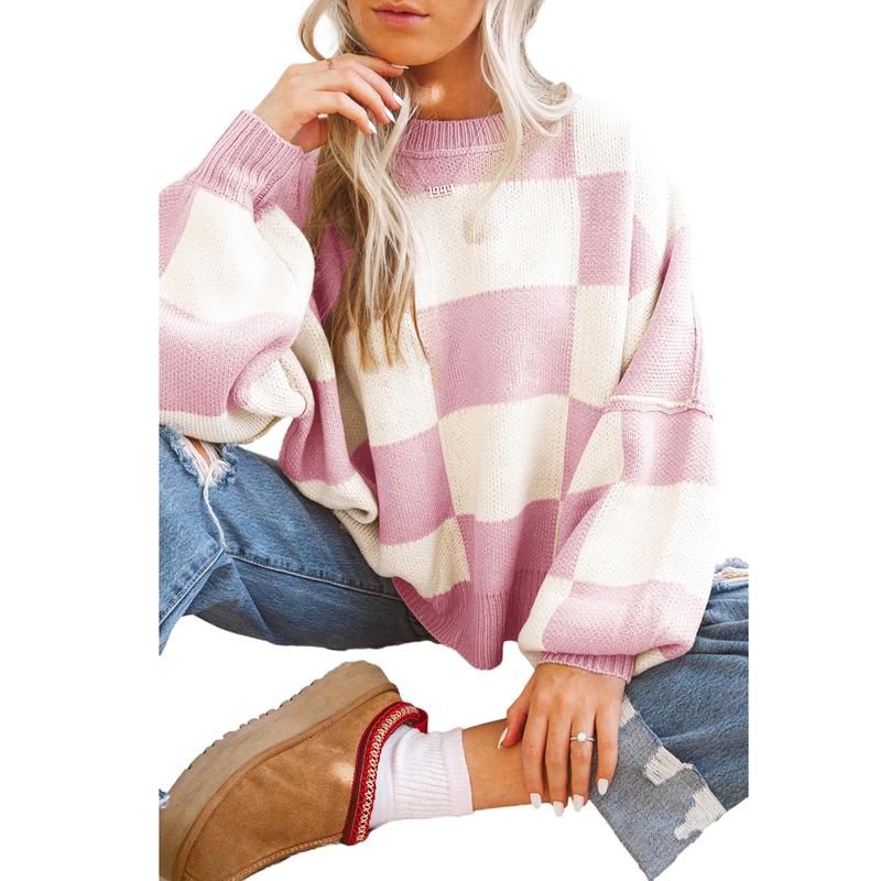 Women's Checkered Bishop Sleeve Knit Sweater - Womenswear, Knitwear Casual Boho