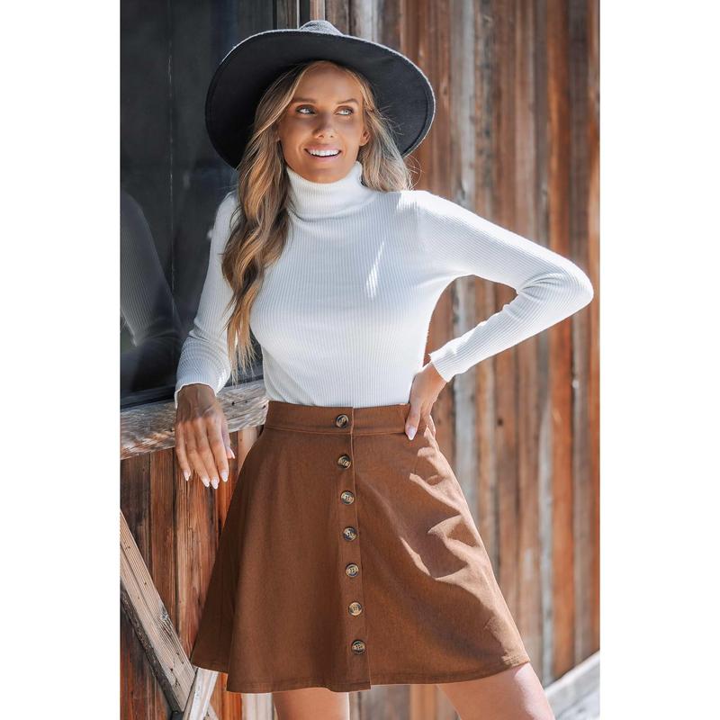 Brown Corduroy Front Button Flared Mini Skirt – Trendy Women's Clothing Perfect for Everyday Fall Wear and Casual Outfits D-C