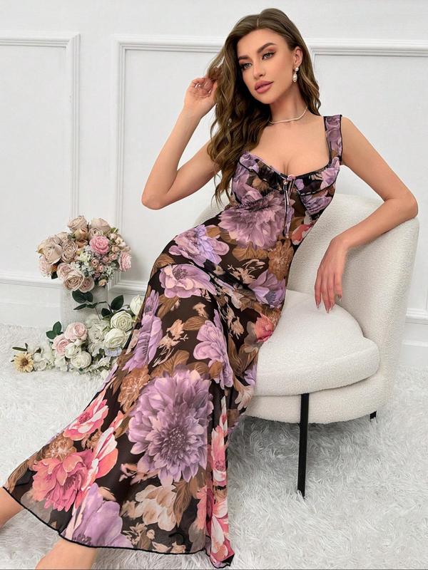 Women's Floral Print Tie Front Ruffle Trim Cami Nightdress, Casual Soft Comfortable Backless Sleeveless Nightgown for Daily Wear, Ladies Sleepwear for All Seasons