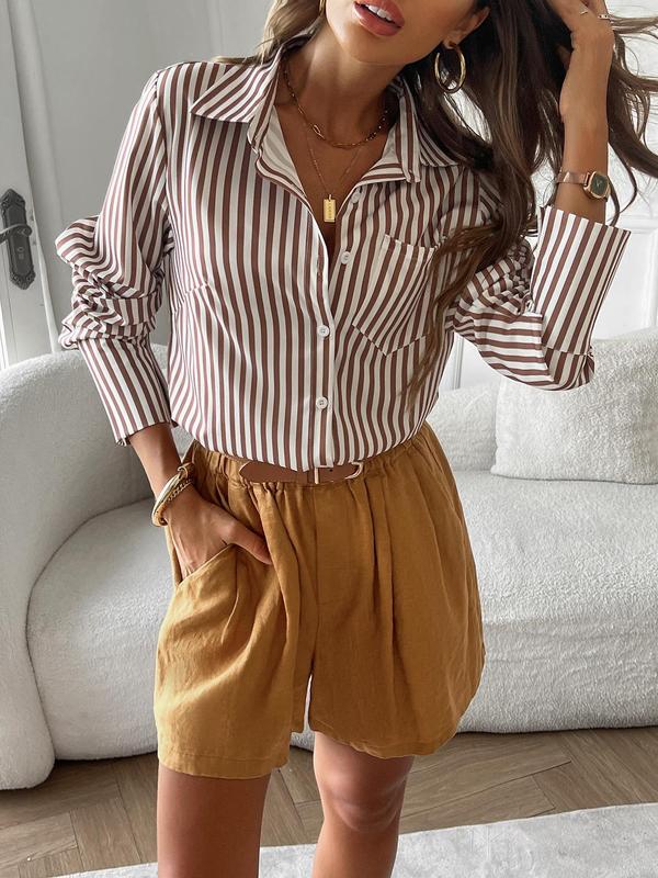 Women's Striped Print Button Front Shirt, Elegant Long Sleeve Collared Top for Work Office Business, Ladies Clothes for All Seasons