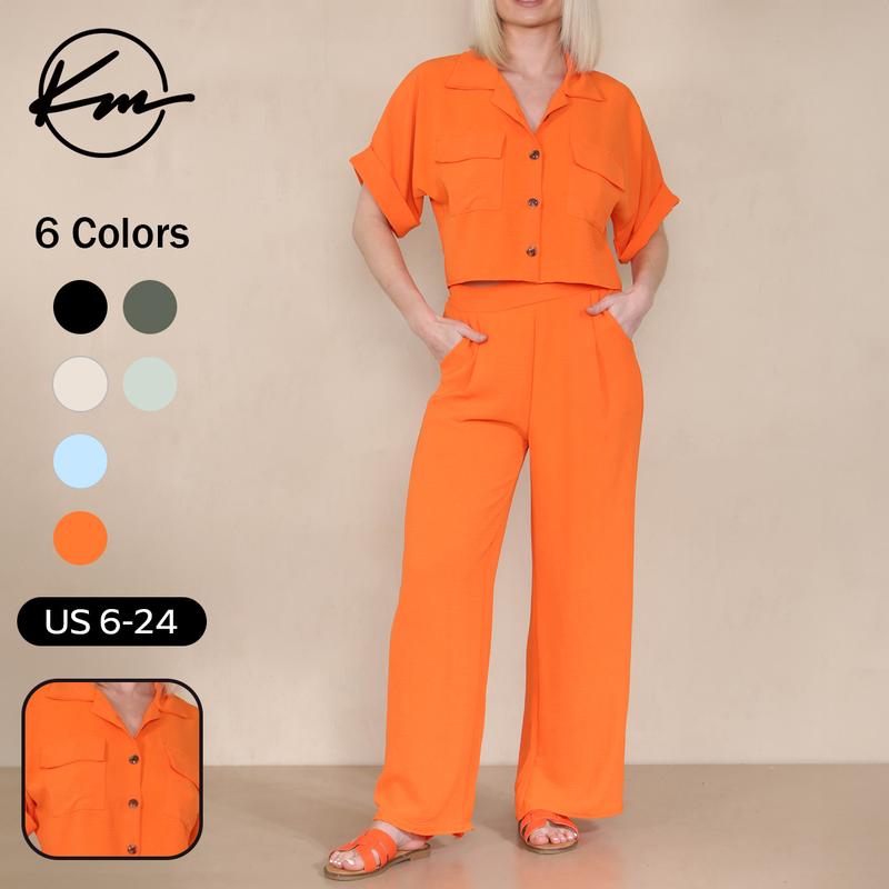 KatchMe Women's Plain Collared Neck Partial Button Short Sleeve Baggy Wide Leg Jumpsuit With Matching Belt,Multi-Pocket Romper,Holiday Womenswear