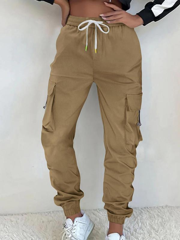 Women's Plain Drawstring Waist Cargo Pants, Casual Pocket Jogger Pants for Women, Women's Trousers for All Seasons