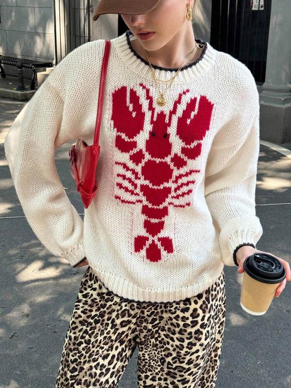 Women's Cartoon Lobster Print Drop Shoulder Sweater, Casual Long Sleeve Round Neck Jumper for Fall & Winter, Fashion Ladies' Knitwear for Daily Wear