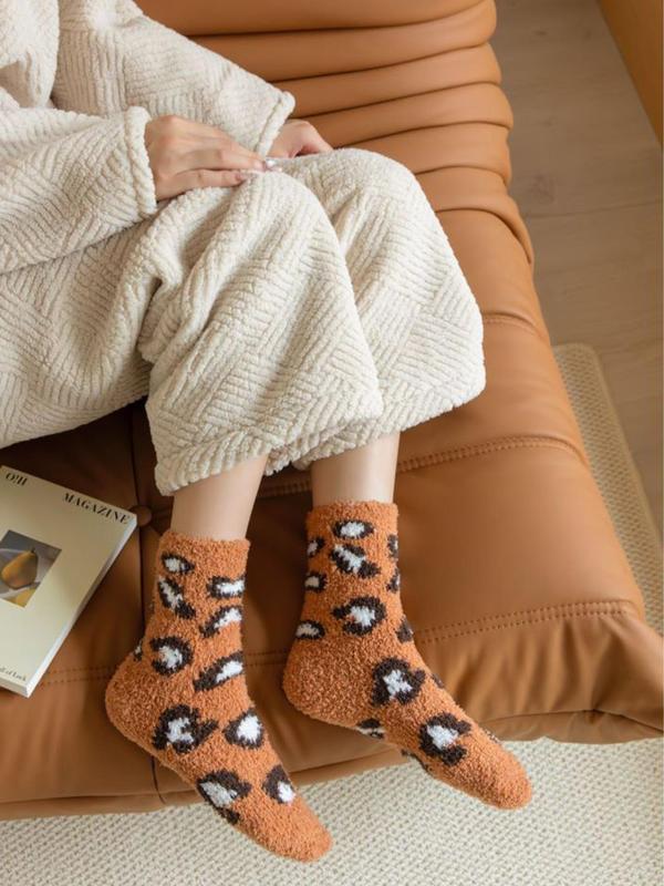 Women's Leopard-Print Mid-calf Socks, Casual Soft Comfy Thermal Socks for Fall & Winter, Women's Socks for Daily Wear