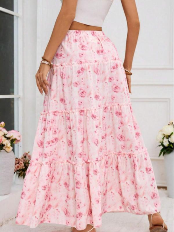 Women's Floral Print Frill Trim Ruffle Hem A Line Skirt, Boho Fashion High Waist Long Skirt for Daily Holiday Vacation Wear, Ladies Bottoms for All Seasons