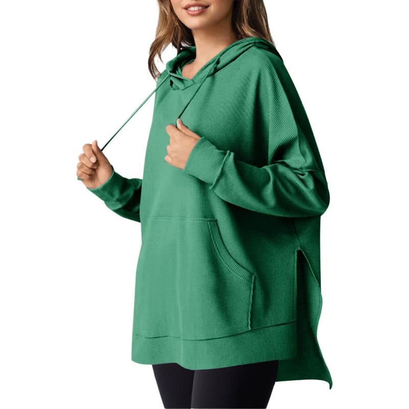 Dokotoo Oversized Hoodies for Women Casual Long Sleeve Waffle Knit Drawstring Side Slit Pullover Sweatshirts with Pocket