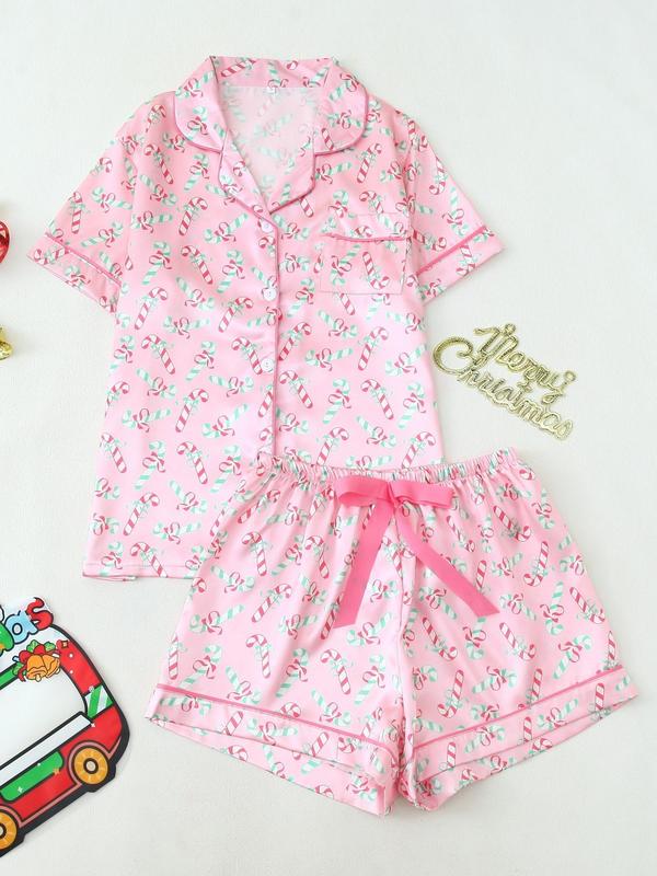 Two-Piece Set Women's Christmas Print Lapel Neck Pocket Shirt & Elastic Waist Shorts Pajama, Casual Comfy Short Sleeve Button Up Top & Shorts PJ Set, Ladies Sleepwear for All Seasons