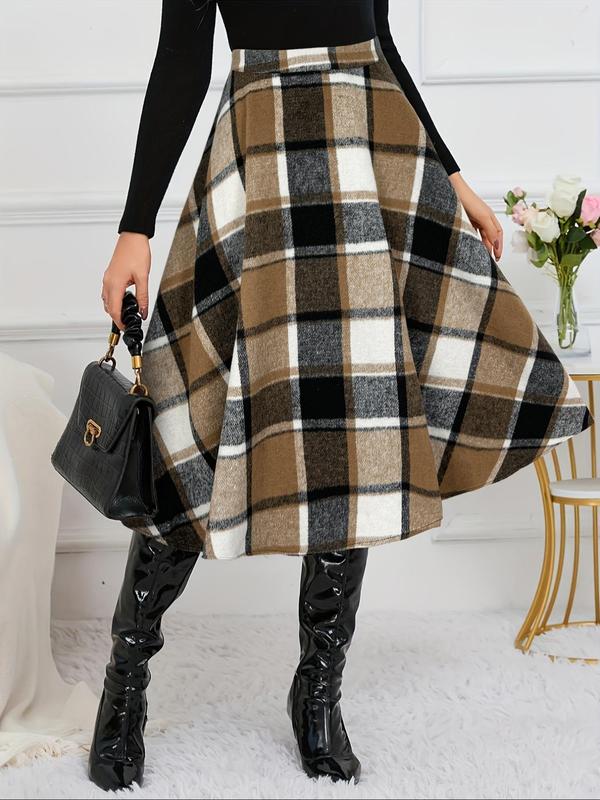 Women's Plaid Print Zipper A Line Skirt, Casual Fashionable Midi Skirt for Daily Outdoor Wear, Women's Bottoms for Fall & Winter, Going Out Bottoms, Winter Clothes Women, Fall Clothing Women, Skirts for Women Plaid Skirt