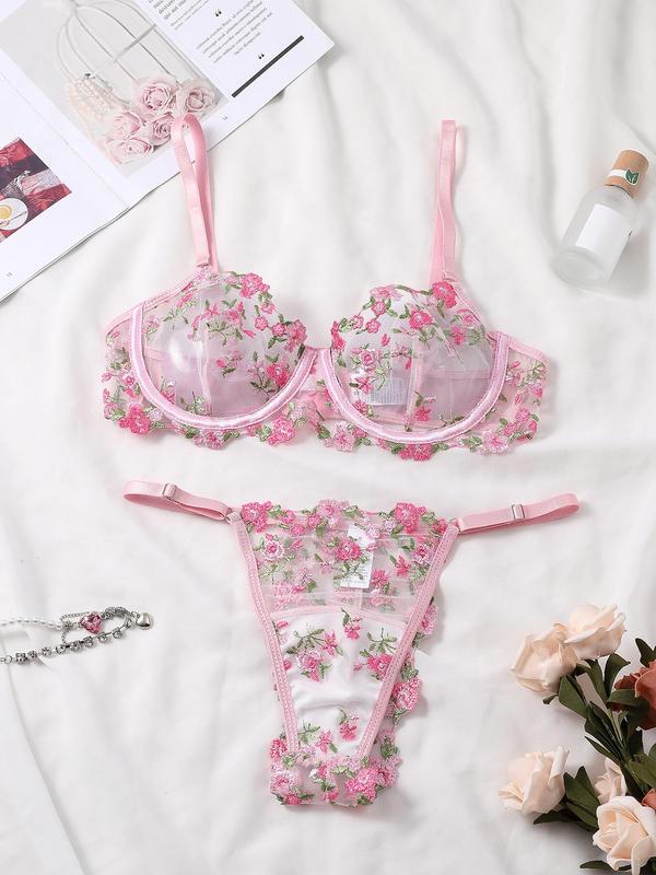 Women's Floral Embroidery Sheer Mesh Sexy Lingerie Set, Adjustable Strap Push Up Bra & Panty Set, Comfy Breathable Underwear Set for Women