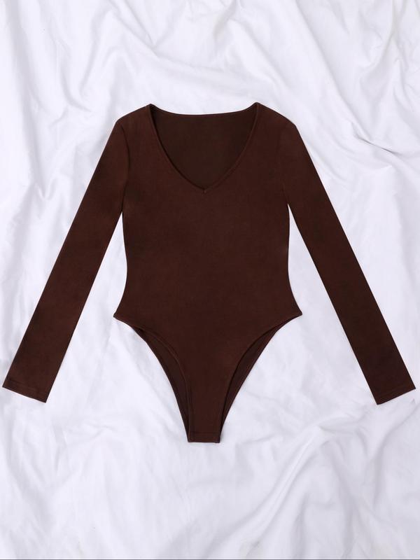 Women's Solid V Neck Long Sleeve Sports Bodysuit, 2024 New Style Casual Comfy Bodycon Bodysuit for Daily Wear, Ladies Sportswear for All Seasons