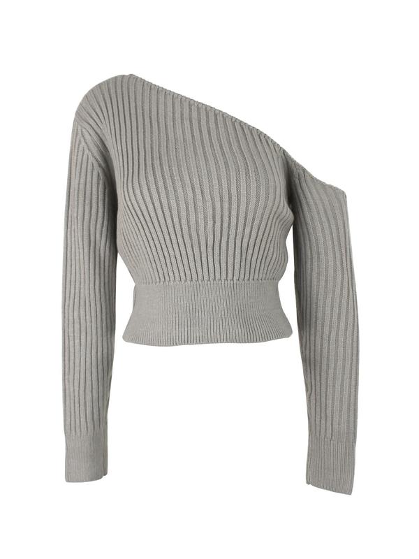 Women's Solid Asymmetrical Neck Long Sleeve Sweater, Y2k Clothes, Casual Knitting Crop Top, Ladies Jumper Knitwear for Spring & Fall Daily Wear, Fall Outfits