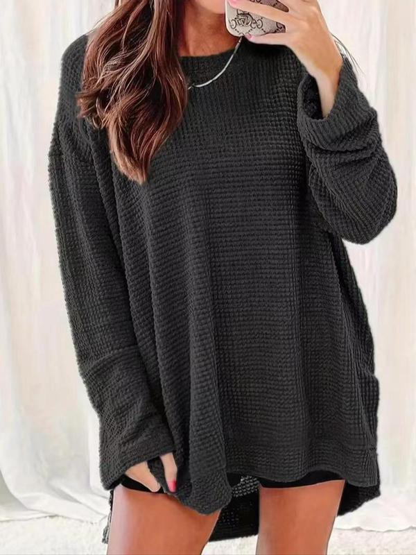  Solid High Low Drop Shoulder Tee, Casual Long Sleeve Round Neck Top for Spring & Fall, Women's Plus Clothing for Daily Wear