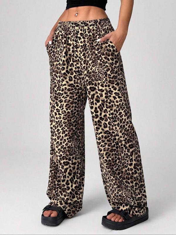 Women's Leopard Print Pocket Wide Leg Pants, Casual Comfy Trousers for Daily Wear, Ladies Bottoms for All Seasons