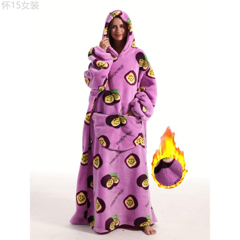 Cartoon Animal Print Hooded Robe, Warm & Comfy Long Sleeve Lounge Robe With Pockets, Women's Sleepwear Fabric Loungewear