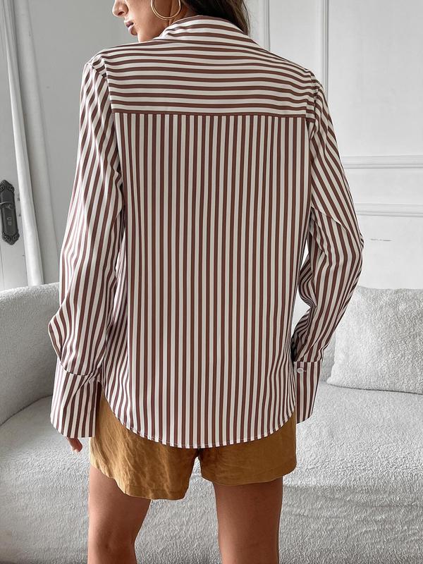 Women's Striped Print Button Front Shirt, Elegant Long Sleeve Collared Top for Work Office Business, Ladies Clothes for All Seasons