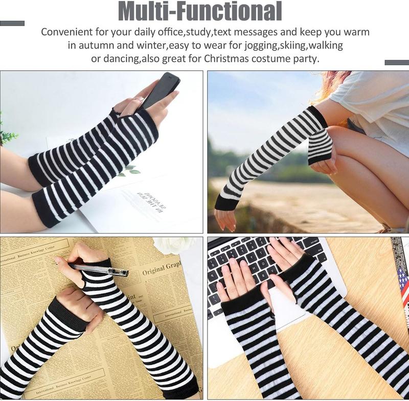 4 Pairs Womens Striped Arm Warmers Goth Y2K Knitted Fingerless Gloves with Long  High Socks Set