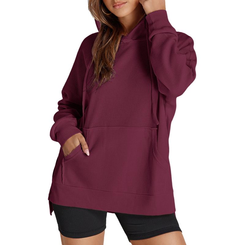 Dokotoo Oversized Hoodies for Women Casual Long Sleeve Waffle Knit Drawstring Side Slit Pullover Sweatshirts with Pocket