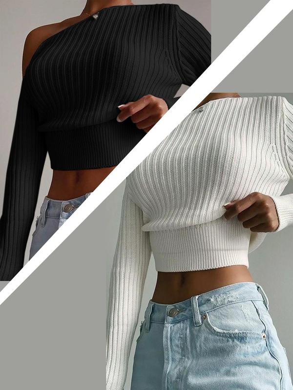 Women's Solid Asymmetrical Neck Long Sleeve Sweater, Y2k Clothes, Casual Knitting Crop Top, Ladies Jumper Knitwear for Spring & Fall Daily Wear, Fall Outfits