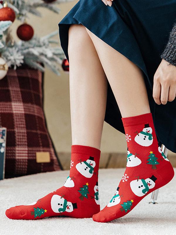 Women's Christmas Themed Cartoon Print Crew Socks, Casual Comfortable Breathable Mid-calf Socks for Daily Wear, Women's Socks for All Seasons