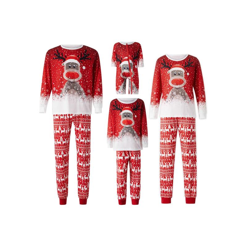 Red Matching Christmas Pajamas For Family, Long Sleeve Deer Snowflake Print Pullover + Pants Set