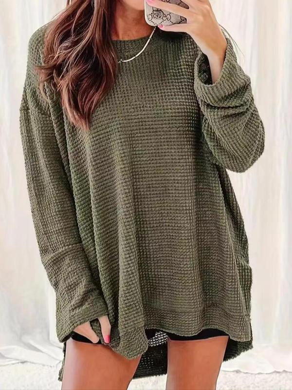  Solid High Low Drop Shoulder Tee, Casual Long Sleeve Round Neck Top for Spring & Fall, Women's Plus Clothing for Daily Wear