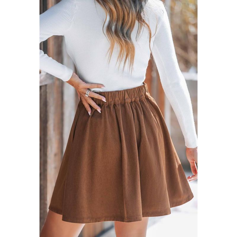 Brown Corduroy Front Button Flared Mini Skirt – Trendy Women's Clothing Perfect for Everyday Fall Wear and Casual Outfits D-C