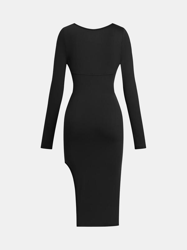 YOZY Women's Solid Split Thigh Bodycon Dress, Long Sleeve Square Neck Midi Dress for Party Club Dating Wear, Women's Clothing for Fall