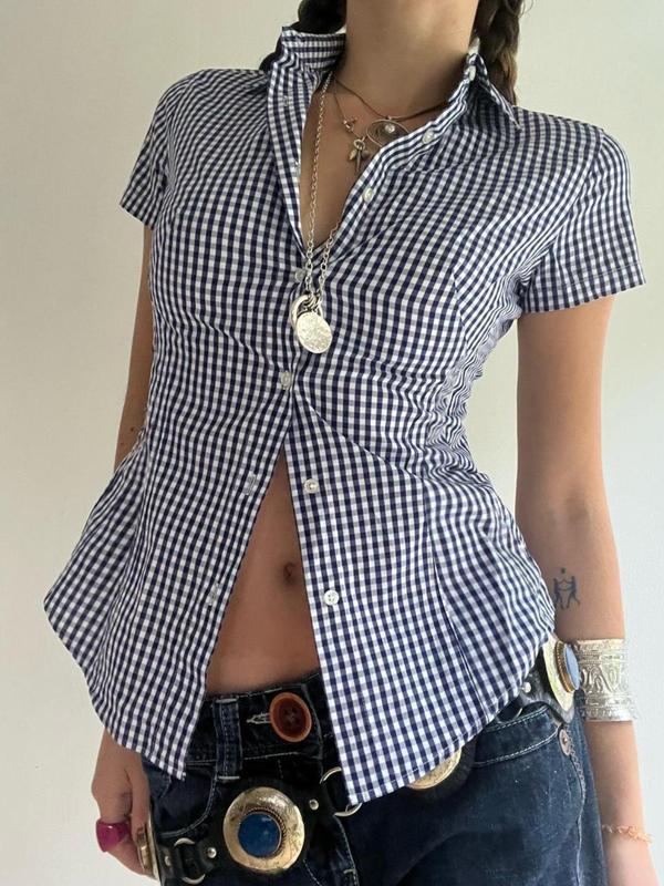 Women's Plaid Print Button Front Curved Hem Shirt, Casual Short Sleeve Collared Top for Summer, Fashion Women's Top for Daily Wear Downtown Girl Clothes