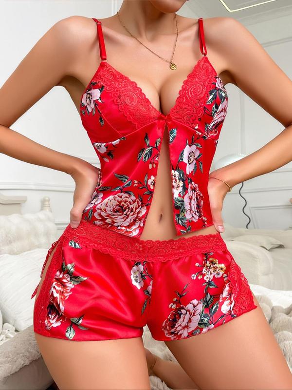 Two-piece Set Women's Floral Print Contrast Lace Cami Top & Split Thigh PJ Shorts Pajama, Stretchy Summer Clothes Women Nightwear, Breathable Satin Sexy Comfort Adjustable Strap Backless Camisole & Elastic Waist Shorts Casual Homewear, Lounge Co-ord Set