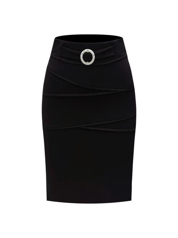 Women's Solid Color Buckle Decor Bodycon Skirt, Elegant Fashion Knee Length Skirt for Work Office Business, Ladies Fall & Winter Clothes