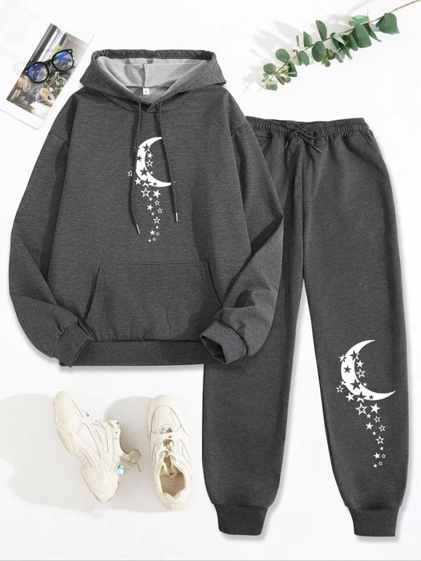 Women's Moon Print Long Sleeve Hoodie & Drawstring Waist Sweatpants Two-piece Set, Casual Drop Shoulder Hooded Sweatshirt & Pocket Pants for Fall & Winter, Women's Clothes for Daily Wear