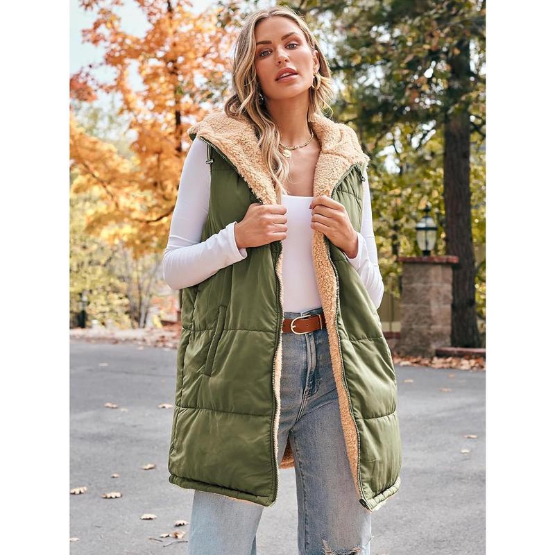 Womens Long Reversible Puffer Vests  Sleeveless Fleece Fall Jacket Warm Winter Coats Outerwear.skin-friendly soft slim fit warm