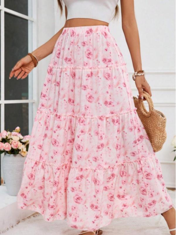 Women's Floral Print Frill Trim Ruffle Hem A Line Skirt, Boho Fashion High Waist Long Skirt for Daily Holiday Vacation Wear, Ladies Bottoms for All Seasons