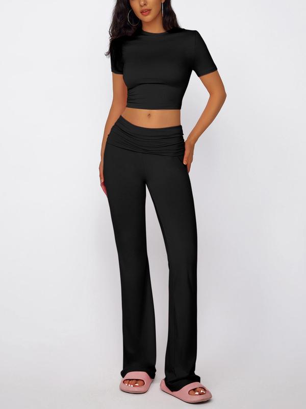 Two-piece Set Women's Solid Crop Tee & High Waist Flare Leg Pants Two-piece Set, Casual Short Sleeve Round Neck Tee & Bell Bottom Trousers for Summer, Vacation Sets, Summer Sets, Summer Outfits 2024 Sets, Ladies Clothes for Daily Wear, Girl Clothes