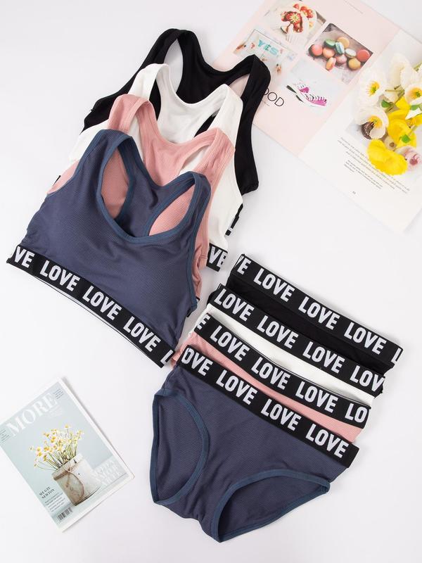 Women's Letter Tape Bra &  Panty Set, Casual Comfortable Wireless Bra & Panties Set for Daily Wear, Lingerie Set for All Seasons