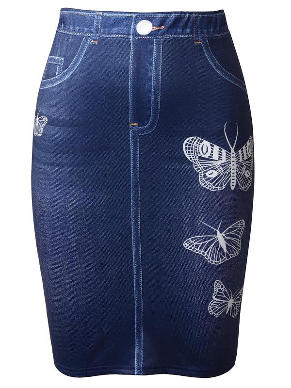 Women's Butterfly Pattern Denim-effect Print Skirt, Fashion Casual Fake Pocket Skirt for Daily Holiday Vacation Wear, Ladies Bottoms for Summer