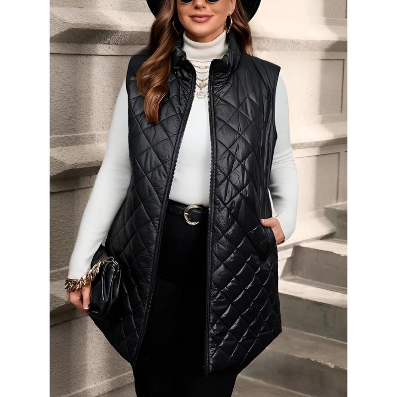 Plus size quilted puffer vest jacket with pockets, front zip, mandarin neck-casual polyester non-stretch solid winter outerwear