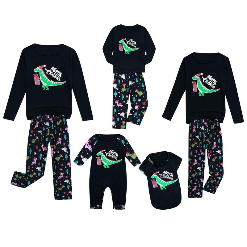 Black Matching Christmas Pajamas For Family, Dinosaur Letter Printing Long Sleeve Round Collar Sleepwear Jumpsuit for Adult Baby Kid Dog