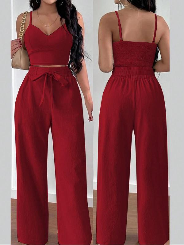 Women's Solid Shirred Crop Cami Top & Tie Front Wide Leg Pants Two-Piece Set, Casual Fashion Cozy Two Piece Outfits for Daily Outdoor Wear, Ladies Clothes for Summer