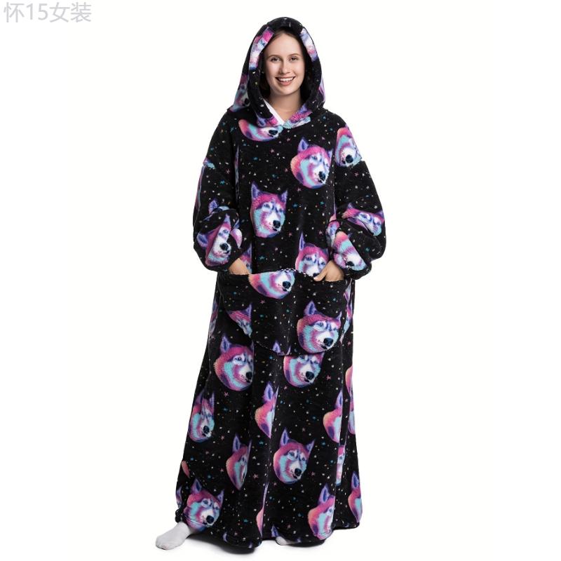 Cartoon Animal Print Hooded Robe, Warm & Comfy Long Sleeve Lounge Robe With Pockets, Women's Sleepwear Fabric Loungewear