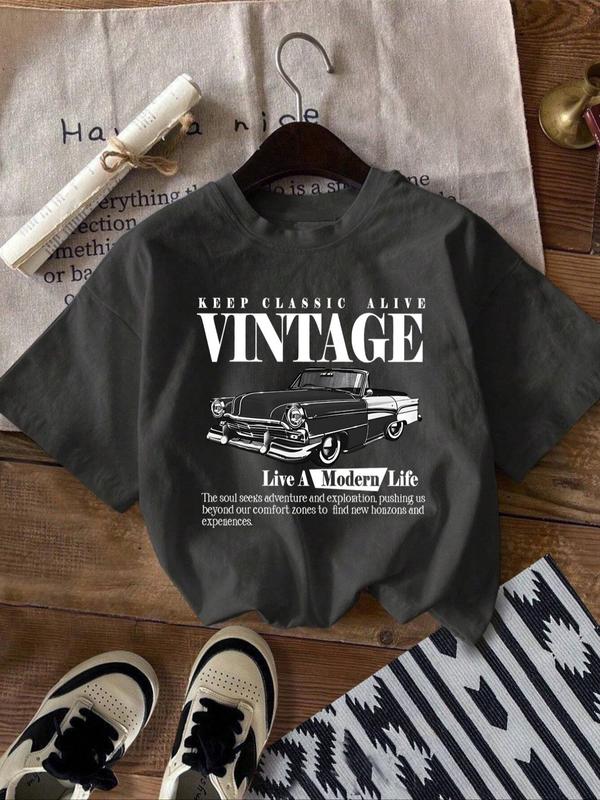 Women's Vintage Car & Letter Print Round Neck Tee, Casual Short Sleeve Crew Neck T-shirt for Summer, T Shirts for Women, Fashion Women's Top for Daily Wear