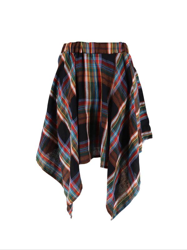 Women's Plaid Print Tie Front A Line Skirt, Casual Asymmetrical Hem Skirt for Summer, Women's Bottoms for Daily Wear