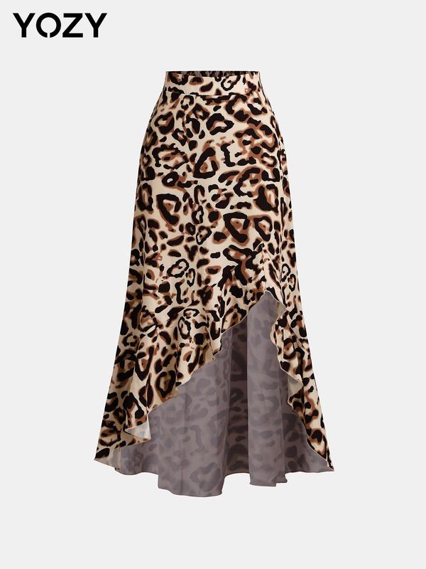 YOZY Leopard Print Asymmetrical Ruffle Split Thigh Skirt, Elegant Elastic Waist Long Skirt, 2024 Women's All Season Outfits for Party, Holiday, Vacation